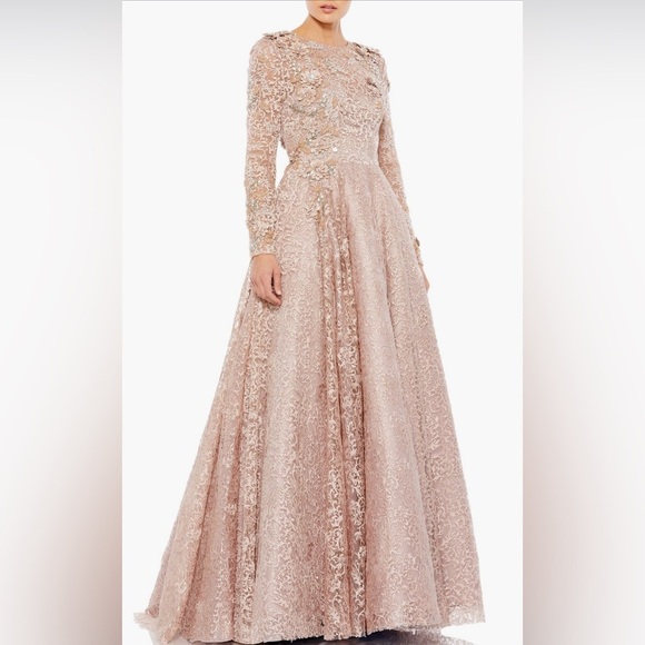 Mac Duggal $998 Embellished Illusion Long Sleeve A Line Gown - mocha Lace weddin - Picture 1 of 12